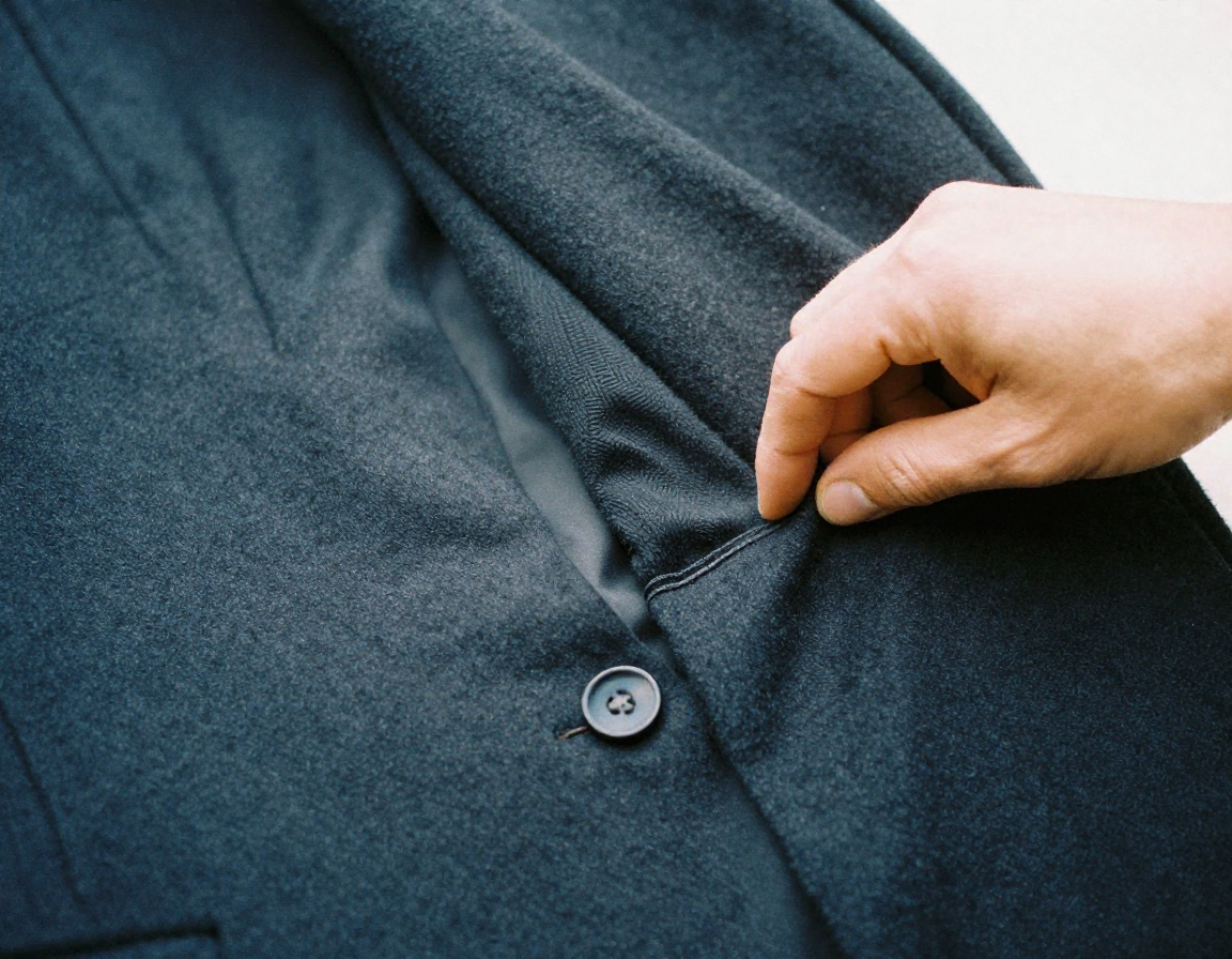 Hand pressing the edge of a wool coat on a tailored board